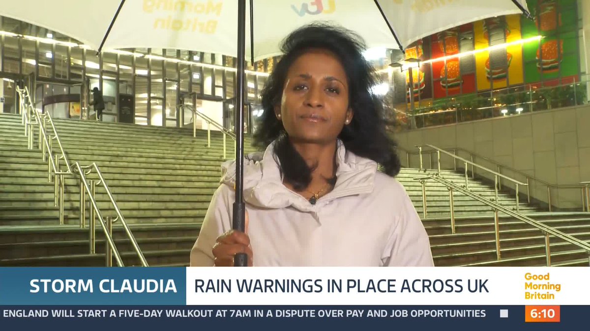 A yellow weather warning for rain has come into effect in the last few minutes for large parts of England & Wales, it'll be in place until at least tomorrow. Some Amber warnings will come into effect later as Britain braces for the impact of Storm Claudia. Nitya Rajan reports.