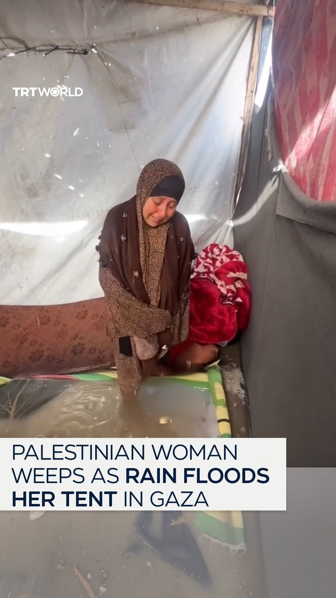 As winter sets in on Gaza, a displaced Palestinian woman cries out in distress as rainwater floods her makeshift tent, as many Palestinian families have to face the harsh conditions of another winter with inadequate shelter