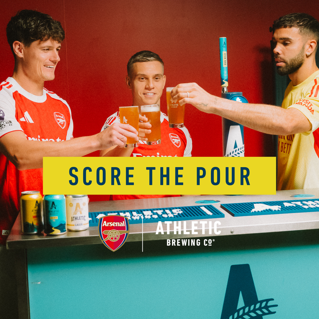 More or less foam? 🤔 David Raya, Leandro Trossard and Christian Norgaard try and keep a steady hand as they pour the perfect pint! 🤝 Athletic Brewing 18+ | Drink Responsibly
