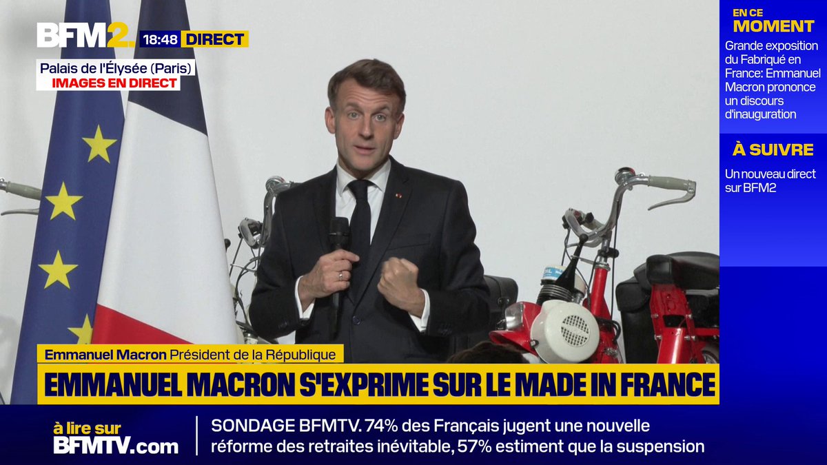 "4 milliards de petits colis l'an dernier. C'est de la concurrence déloyale", dit Emmanuel Macron à l'ouverture de l'exposition Fabriqué en France à l'Elysée #BFM2