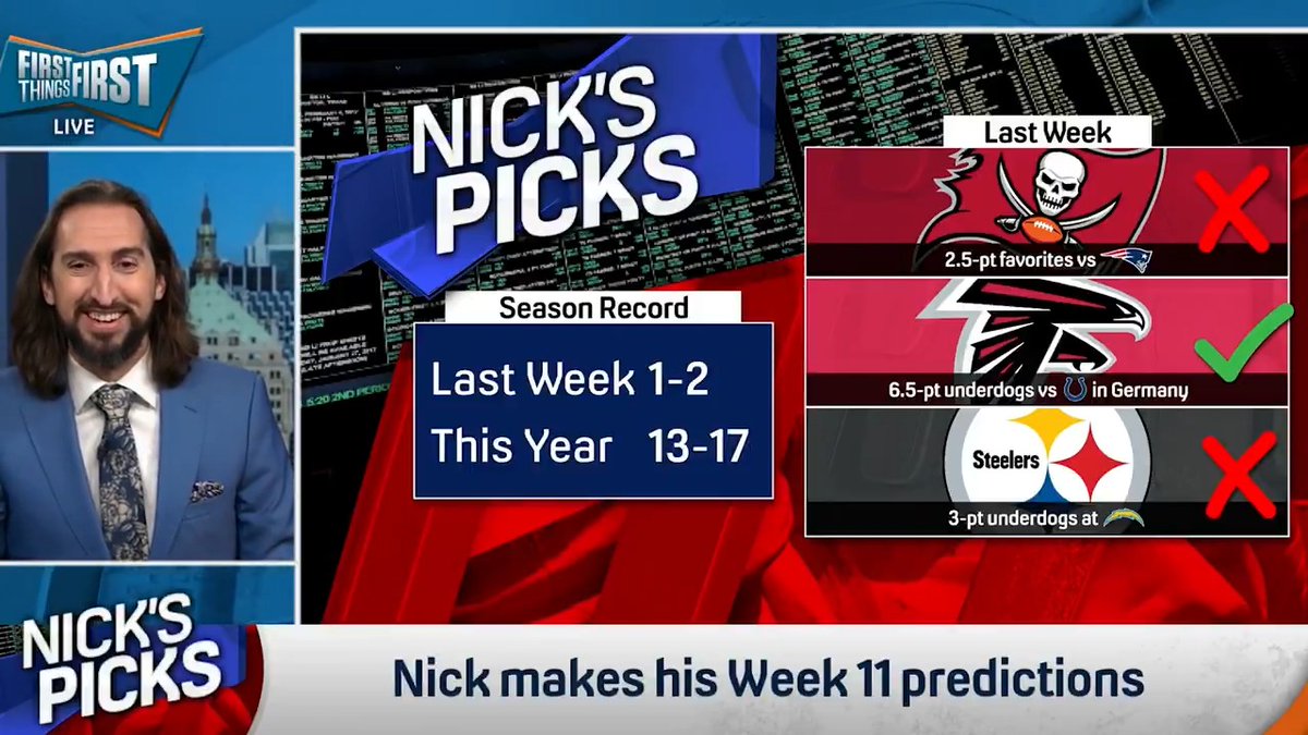 .nick wright has been struggling in his picks… but it's redemption time and he's feeling 3-0. Here are #NicksPicks for Week 11 💰 Bears +3 Buccaneers +5.5 Chiefs -3.5