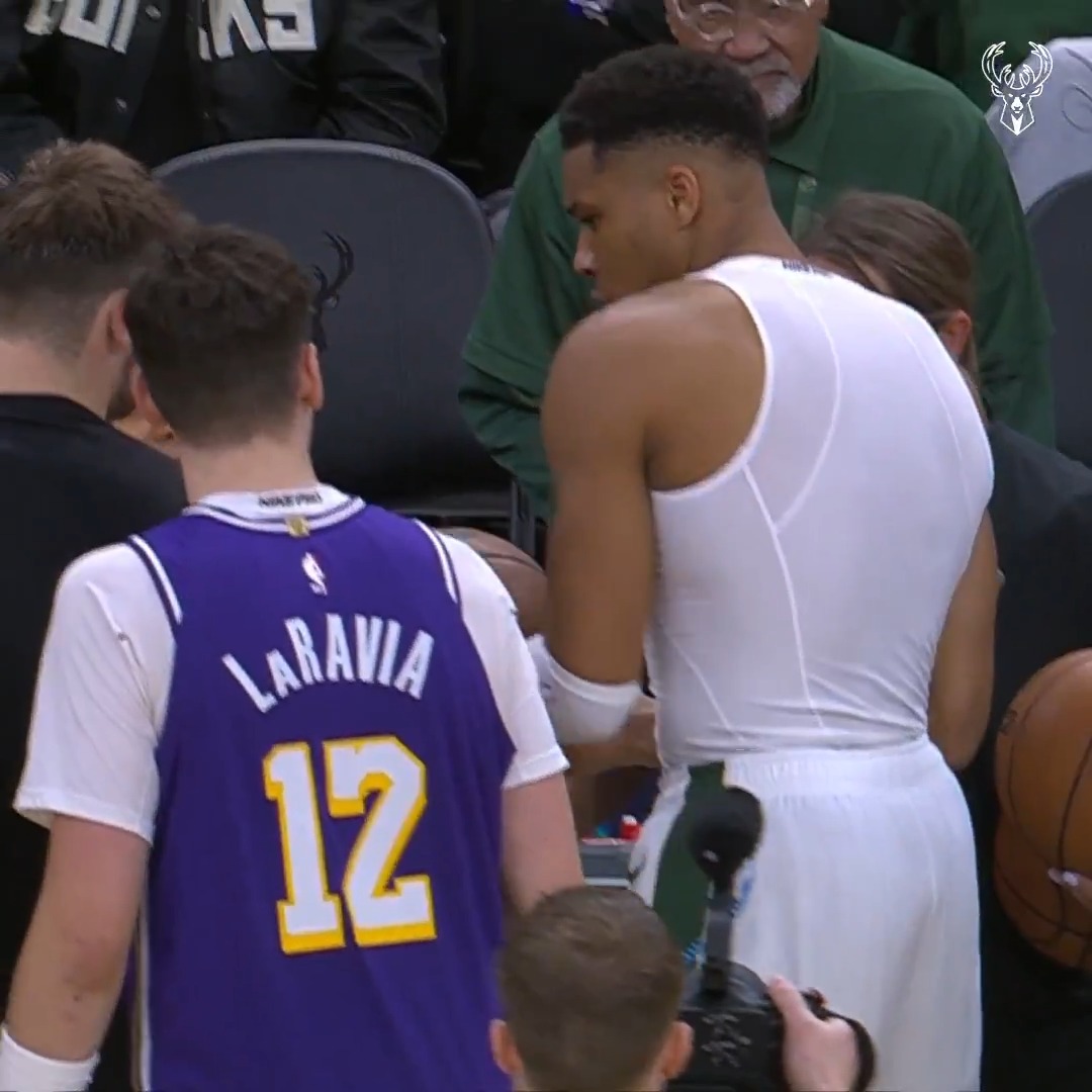 Giannis secured the game ball for Lakers rookie Adou Thiero after scoring his first NBA points.