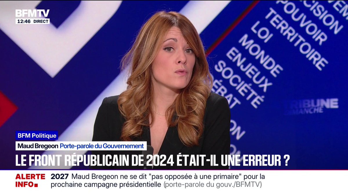 Maud Bregeon (porte-parole du gouvernement): "Je considère que LFI et le RN sont aussi dangereux l'un que l'autre pour la France"