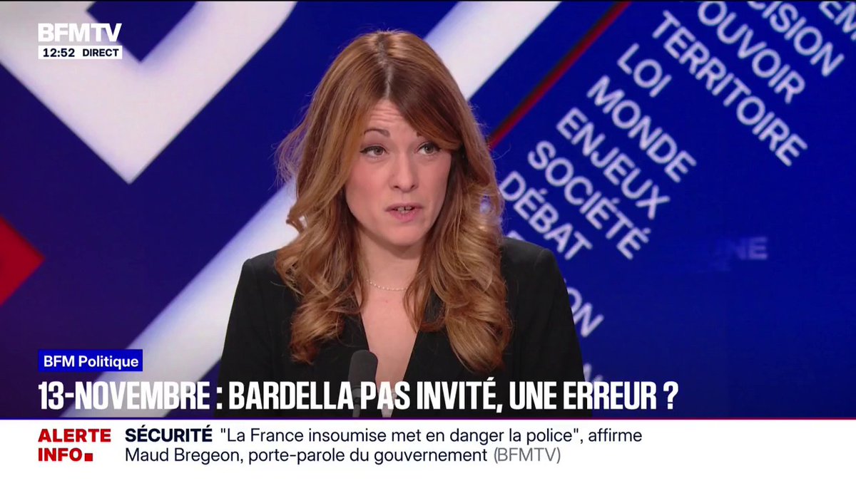 "Vous vous rendez compte de l'indignité qu'il faut pour prononcer ces mots?" Maud Bregeon, porte-parole du gouvernement, répond à Jordan Bardella qui s'était plaint de ne pas avoir été convié aux commémorations du 13-Novembre
