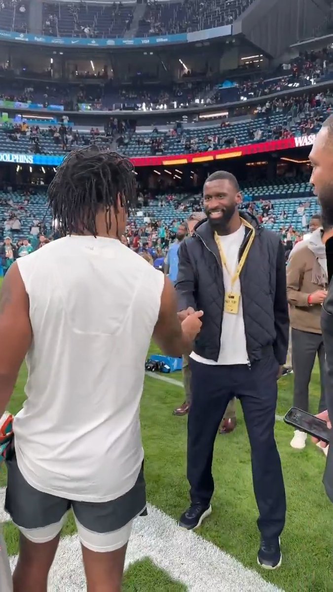 .JW and Real Madrid C.F. star Antonio Rüdiger link up pregame 🤝 WASvsMIA – 9:30am ET on @NFLNetwork Also streaming on NFL+