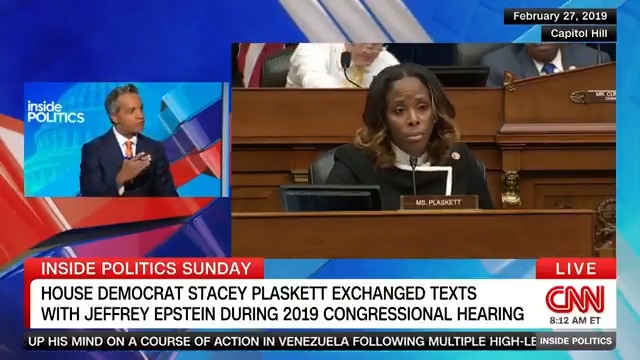 NEW: Rep. Stacey Plaskett, a Democrat who represents the US Virgin Islands, exchanged texts with convicted sex offender Jeffrey Epstein during a 2019 congressional hearing, her office confirmed to CNN. Manu Raju, Jeff Zeleny, and Marianna Sotomayor discuss. #InsidePolitics