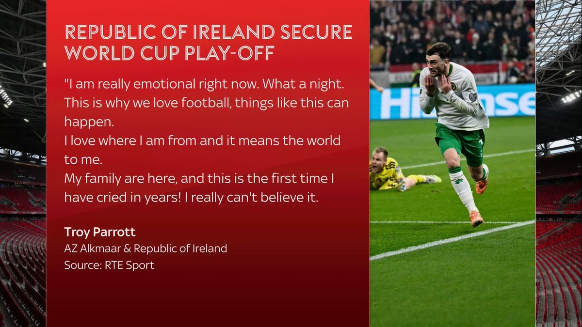 "I love where I am from and it means the world to me" ❤️ "This is the first time I have cried in years" 😢 An emotional Troy Parrott describes his joy after scoring a late winner to send Republic of Ireland to the World Cup qualifying play-offs 🇮🇪
