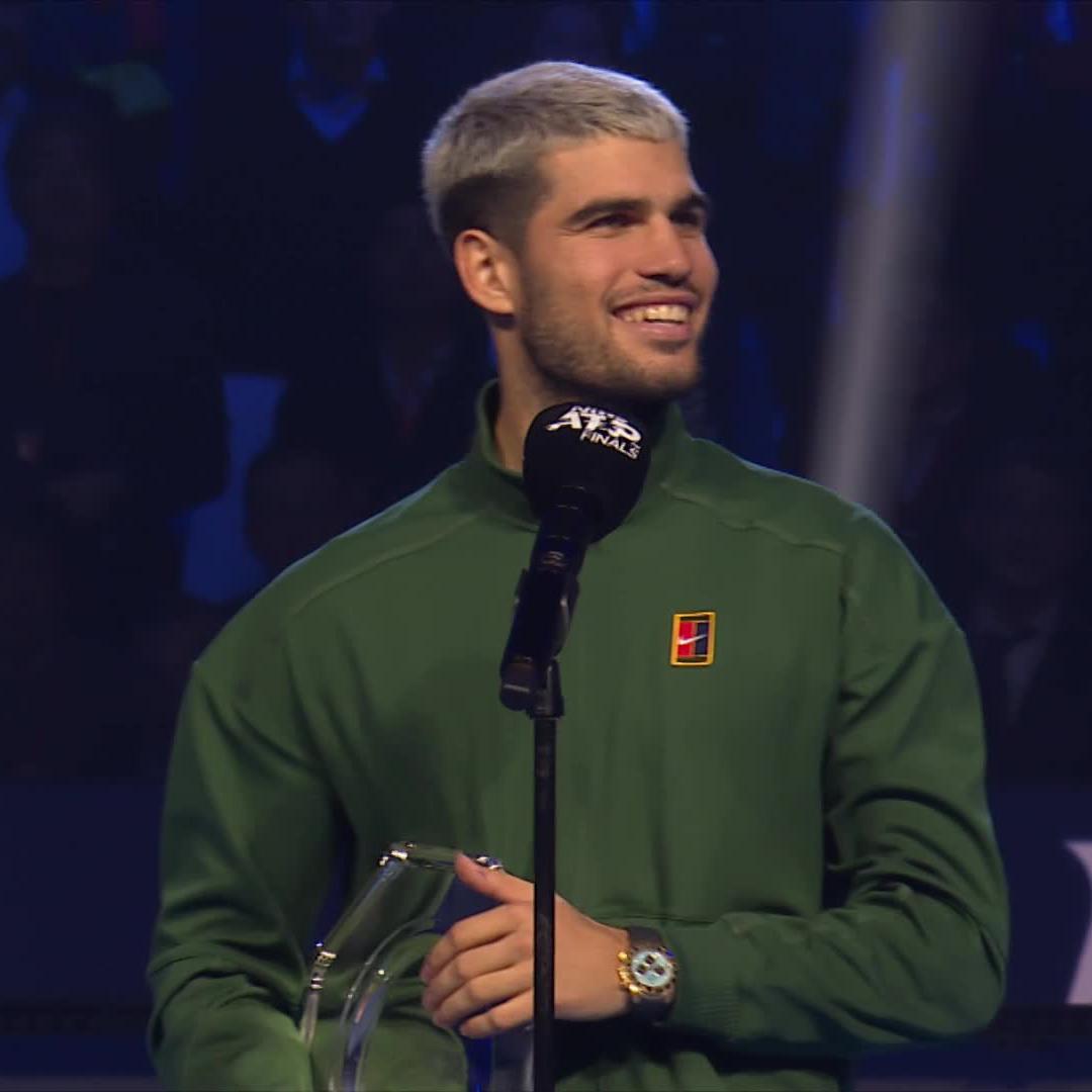 Carlos Alcaraz being serenaded by the crowd in Turin after losing to Jannik Sinner in the final of the ATP Finals. He walks up to the mic and the crowd keeps cheering. Flashing a gracious smile in defeat. 🥹