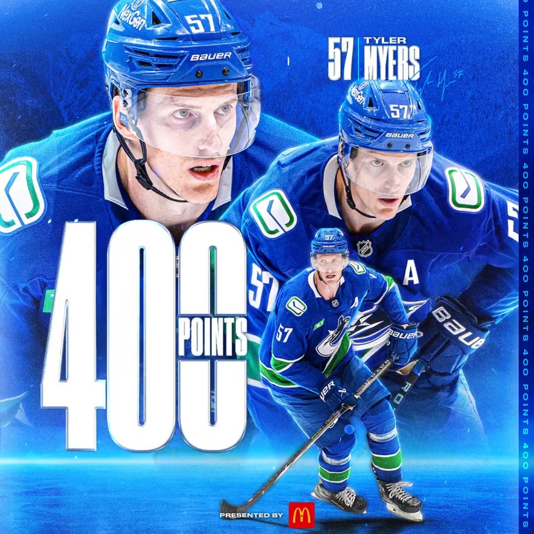 Double Myers milestone! Tyler got his 400th career point on his 300th career assist. Congrats Mysey! #Canucks | McDonald's 🇨🇦