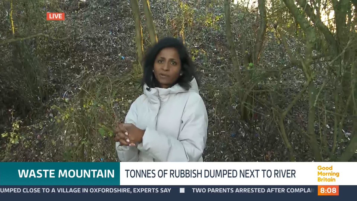 Criminal gangs are being blamed for the huge mountain of waste that has been dumped close to a village in Oxfordshire. The rubbish is being called an "environmental catastrophe" - and is up to 150m long and 6m high. @nityagrajan with more.