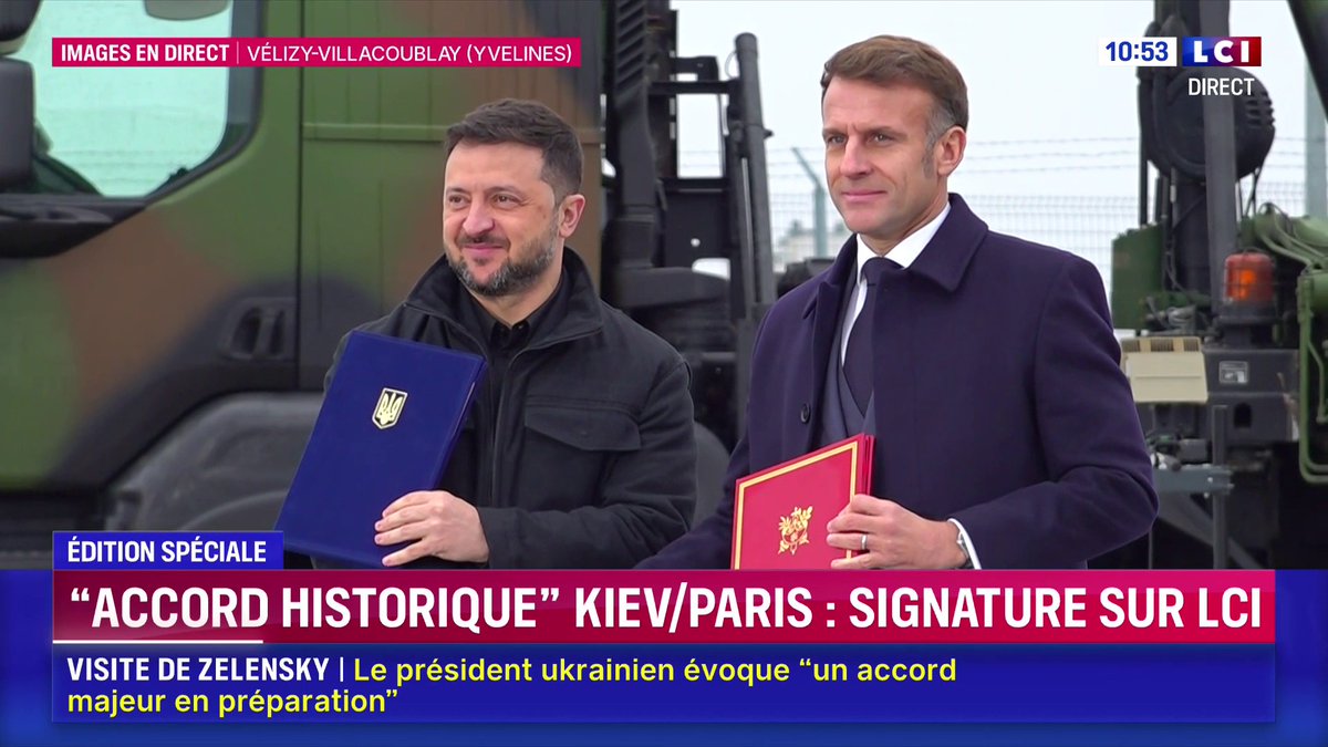 🔴 Volodymyr Zelensky et Emmanuel Macron signent une lettre d'intention dont le contenu reste pour l’instant inconnu. Le président ukrainien avait qualifié cet accord en matière d’armement d’« historique »