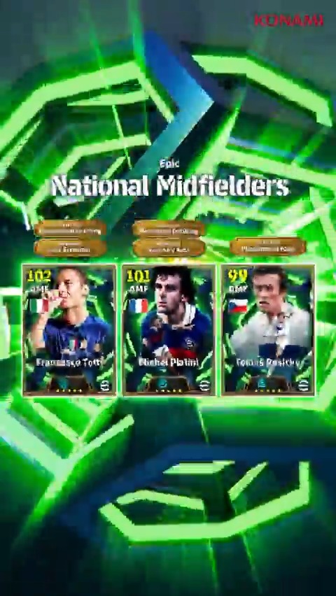 【Epic: National Midfielders】 時代を彩った中盤の魔術師が登場! トマーシュ ロシツキー(ボールプロテクション+3) ミシェル プラティニ(テクニック+3) フランチェスコ トッティ(オフェンスクリエイター+3) 攻撃の起点を担う選手を獲得し、ゲームを支配しよう! #イーフト #eFootball