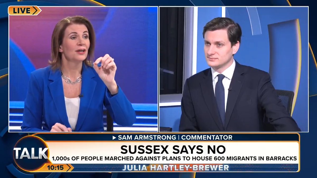 🚨 "It has been handed over to fighting-age men who have invaded this country!" Sam Armstrong is "sickened" by the news that 600 illegal migrants will be housed in an army barracks in East Sussex. Julia Hartley-Brewer