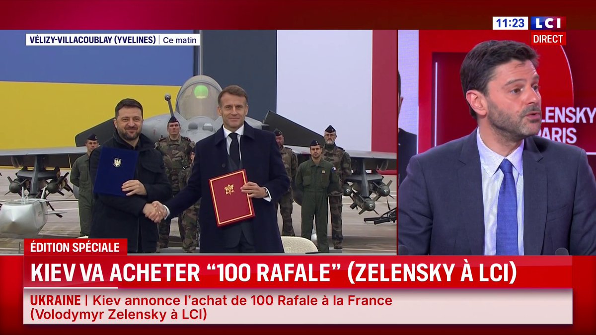 🔴 Les mots de Volodymyr Zelensky en exclusivité à TF1/LCI : "Nous sommes très heureux, c’est un moment historique. 100 Rafale, c’est une nouvelle étape pour notre industrie."