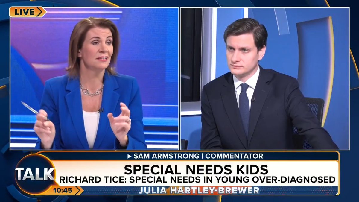 Special needs kids are in the majority in some schools because of "colossal" overdiagnosis of conditions, Reform UK's Deputy Leader Richard Tice claims. JHB: "Parents do this. Why are you putting a label on your kid? Competitive sports. Broccoli. Early bedtime!" Julia Hartley-Brewer