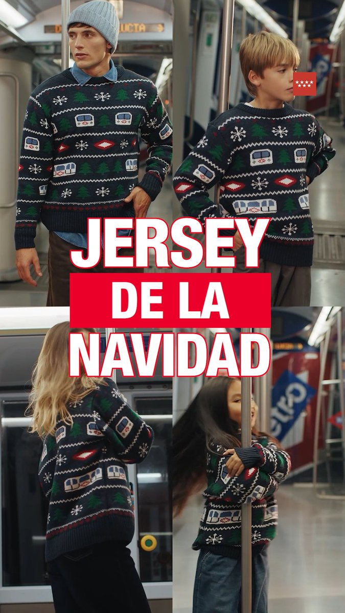 ✨ ¡Ya está aquí! 🛍️ La nueva edición del jersey de la Navidad está disponible en #LaTiendaDeMetro. 🎄🚇 El diseño, de fondo azul marino, cuenta con motivos navideños y decoración de trenes y rombos del suburbano. 👉