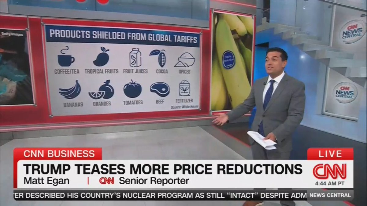 Reporter: It does raise some questions about the logic behind the tariffs in the first place. The fact that Trump is walking back those tariffs really undermines his own argument that it's only foreigners that pay the tariffs and that consumers are not going to be hurt. Now we have a situation where the White House is arguing that removing tariffs will lower prices on groceries. It's kind of hard to make sense of.