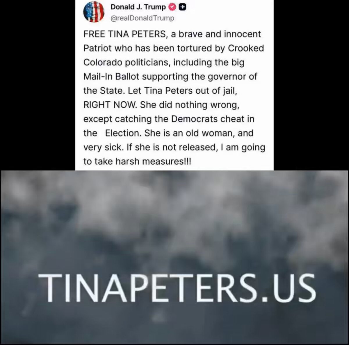 FREE TINA PETERS. President Trump demands that Gold-Star Mother, Tina Peters, be released from prison IMMEDIATELY. She has been in prison for 410 days, with failing health, for exposing the stolen election of 2020.