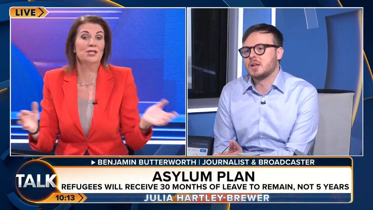 💥Julia Hartley-Brewer and Benjamin Butterworth clash on how many asylum seekers Britain should accept. Benjamin: "We have a moral responsibility." JHB: "The idea our country should take 100,000 people every year from war-torn, basket case countries is absurd." Julia Hartley-Brewer