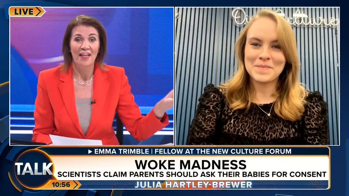 🚨 Woke scientists claim parents should ask their babies for consent to change their nappies. JHB: "I would love to meet these people's kids. They have tantrums in supermarkets and walk on the tables. Their kids are ghastly." Julia Hartley-Brewer