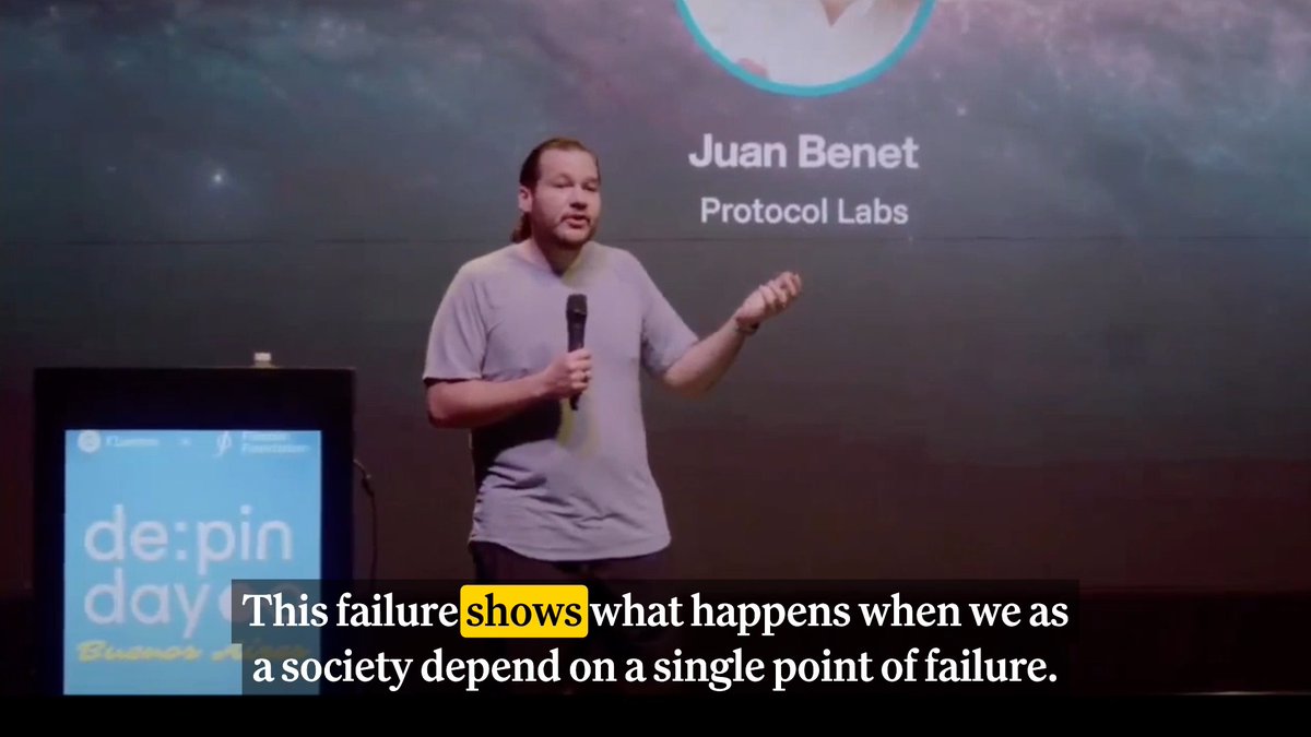 🔗 Juan Benet of Protocol Labs warns that relying on a single point of failure is a societal risk, emphasizing the need for "dependable, decentralized, robust foundations" to create a more trustable cloud system at @filecoin Onchain cloud launch at DEPIN DAY & DEPINED PODCAST.