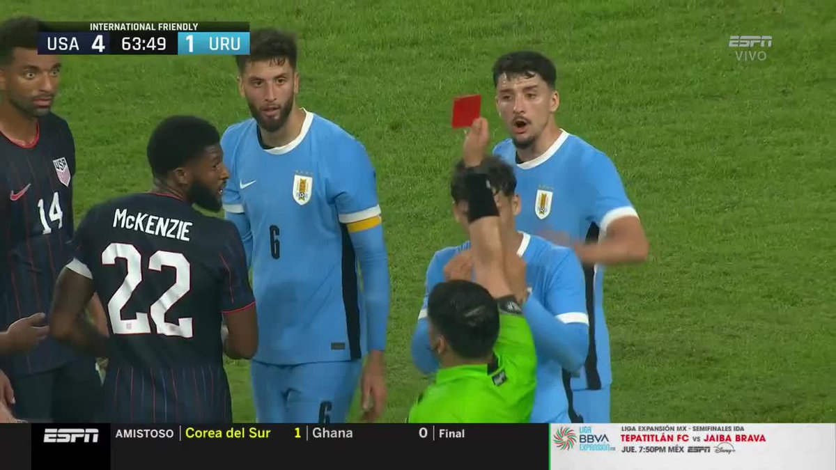 "Bentancur" Porque se fue expulsado en el partido de Uruguay ante Estados Unidos en un amistoso internacional. Lo estaban pasando como agua y encima mete este planchazo el uruguayo hijo de re mil puta.