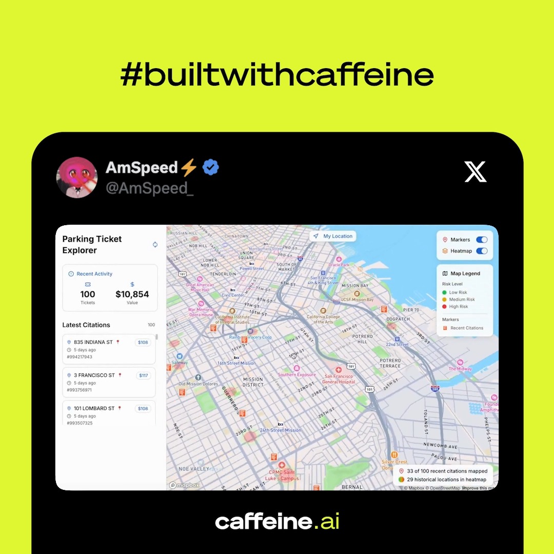 Fed up with parking tickets in San Francisco? AmSpeed⚡️ has created a solution with caffeine The app shows historical parking data, including citations. #builtwithcaffeine