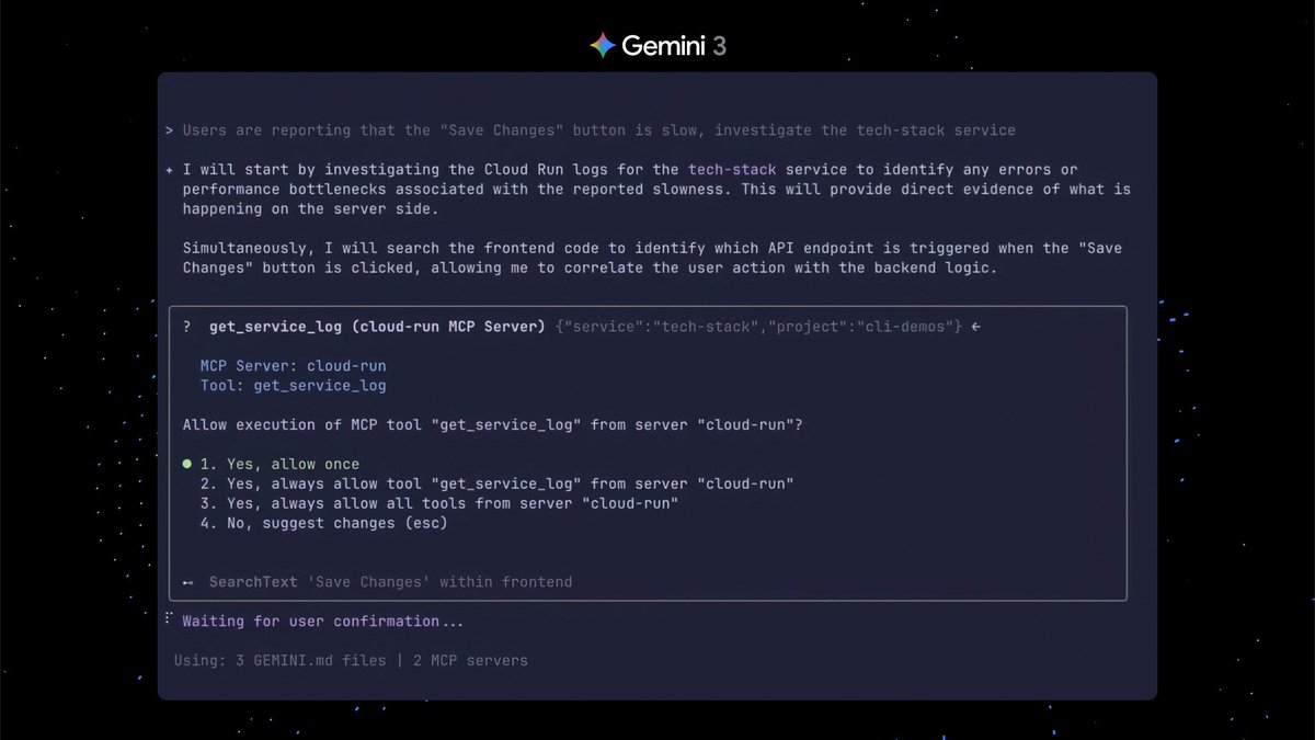 Gemini 3 is now available in Gemini CLI! Use its advanced reasoning right in your terminal to generate deployment configs, create integration tests, troubleshoot errors, and more. 5 things to try today →