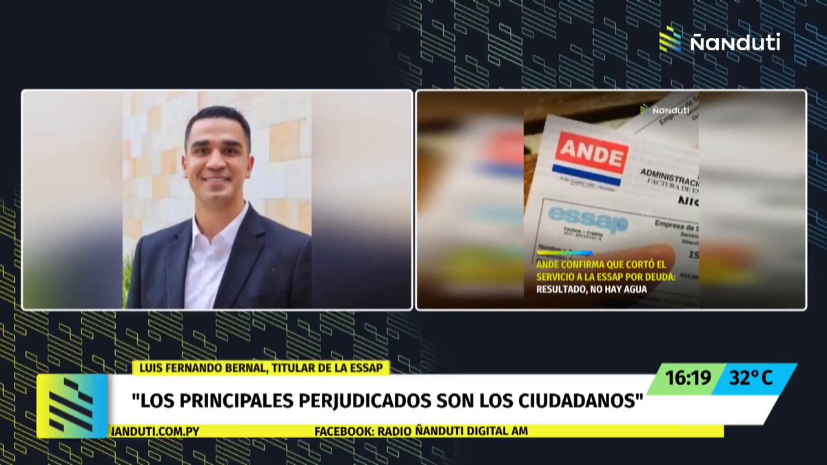 Corte del suministro de agua en Asunción y alrededores❌ 📌El titular de la ESSAP, Luis Fernando Bernal, informó que, tras una serie de conversaciones con el presidente Santiago Peña y el ministro de Economía, se ha acordado la creación de una mesa de trabajo para abordar y resolver las deudas entre las distintas instituciones involucradas. 🗣️"Nosotros también tenemos muchísimas deudas por parte de Salud Pública e IPS y no por eso vamos a retirar el medidor de un hospital", expresó Bernal. #Ñanduti | #LaGranCabina