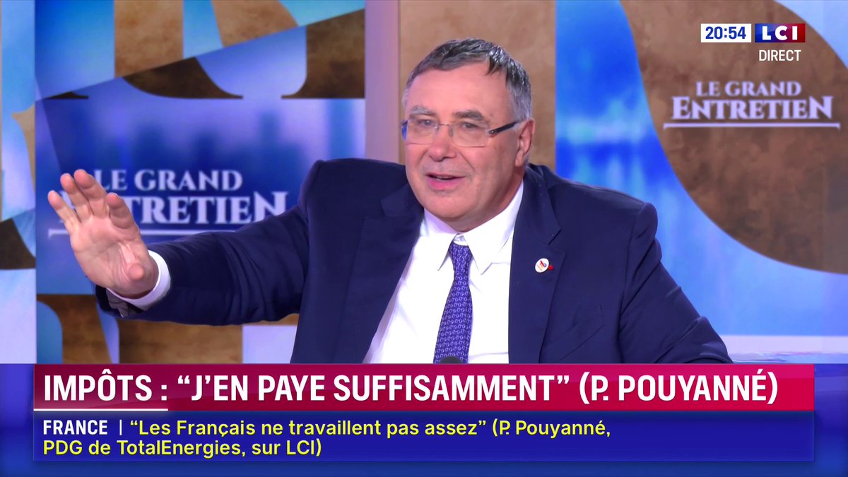 Impôts : "Mon salaire en numéraire est de 4 millions d'euros sur lesquels, je paie 2M€ d'impôts ou 1M€ d'impôts (...) Je considère que je paie déjà beaucoup d'impôts mais si la collectivité demande d'en payer plus je n'ai pas de souci", Patrick Pouyanné ▶️ Darius Rochebin
