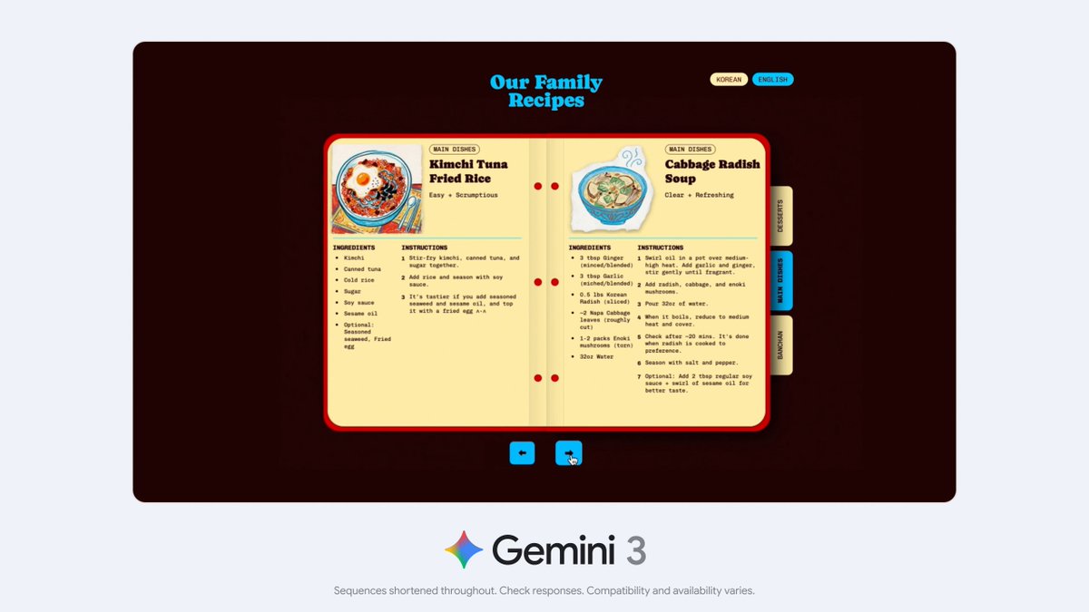 Gemini 3 Pro is the best model in the world for multimodal understanding. One of its most exciting capabilities is document understanding and reasoning. This means you can convert information in any format and into the medium that works best for you. Gemini 3 also has leading multilingual capabilities, enabling it to process, reason and even capture cultural relevance across a variety of languages. For example, here Gemini 3 is translating handwritten recipes in Korean and English to build a digital family cookbook in different languages.