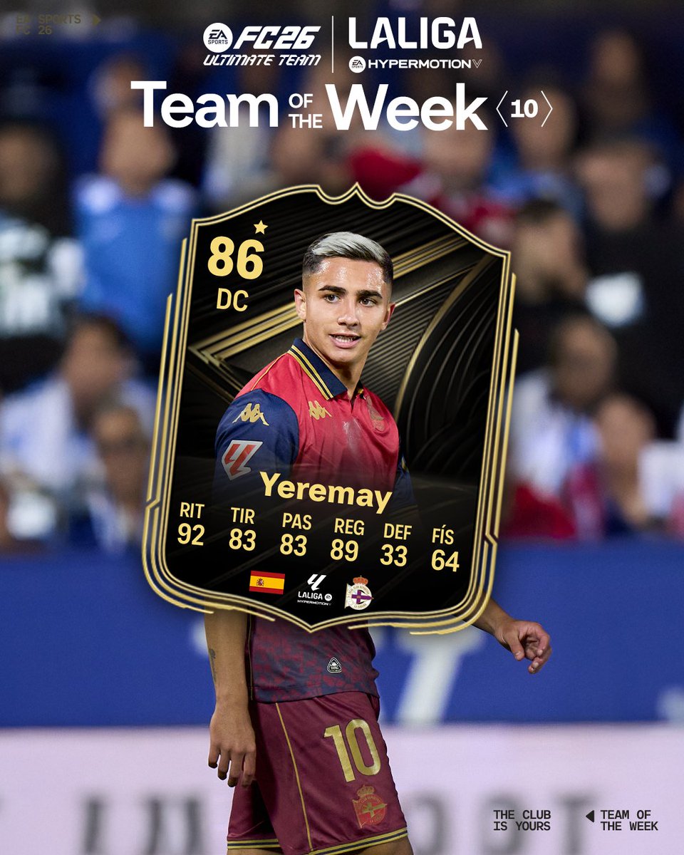 💙 El #FC26TOTW de EA SPORTS FC ESPAÑA llega con la presencia de #LALIGAHYPERMOTION. 🌟 La magia de Yeremay Hernández 🍍 en la victoria del RC Deportivo. 👀 ¿Te harás con su ítem? 🎮 EA SPORTS FC ESPAÑA 🎮