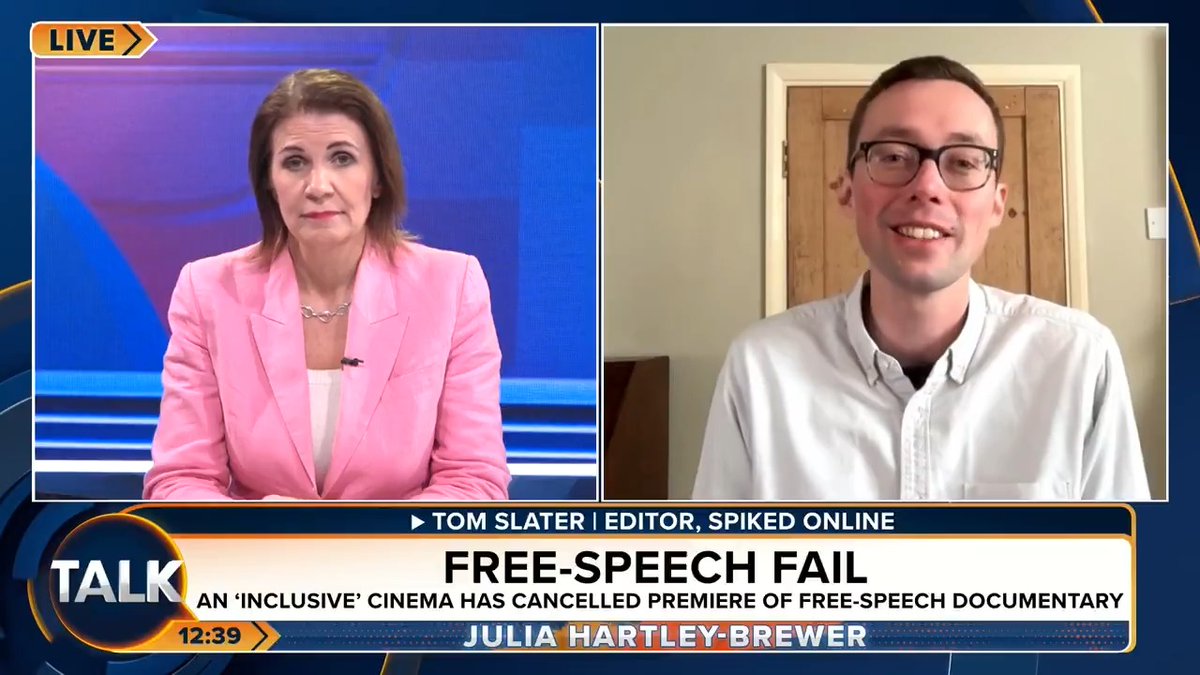 🚨 An "inclusive" cinema has cancelled the premiere of a free-speech documentary, saying it did not align with its “values”. Spiked Online's Tom Slater: "Clearly free speech isn't one of their values..." Julia Hartley-Brewer