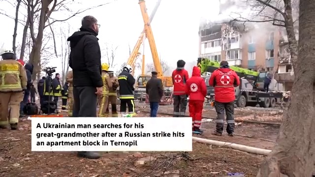 A Ukrainian man searches for his great-grandmother after a Russian missile strike on Ternopil killed 26 people and left 22 missing
