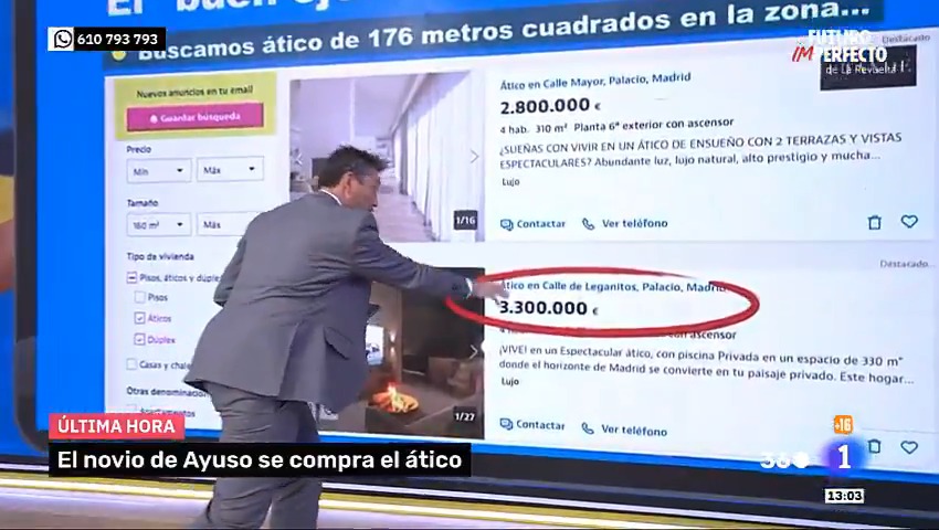 El novio de Ayuso compra un ático valorado en 3 millones de euros con una hipoteca de 600.000 euros a su abogado fiscalista que lo compró para que viviera con Ayuso después del pelotazo de dos millones en comisiones por las que defraudó 350.000 euros. Todo suena demasiado raro.