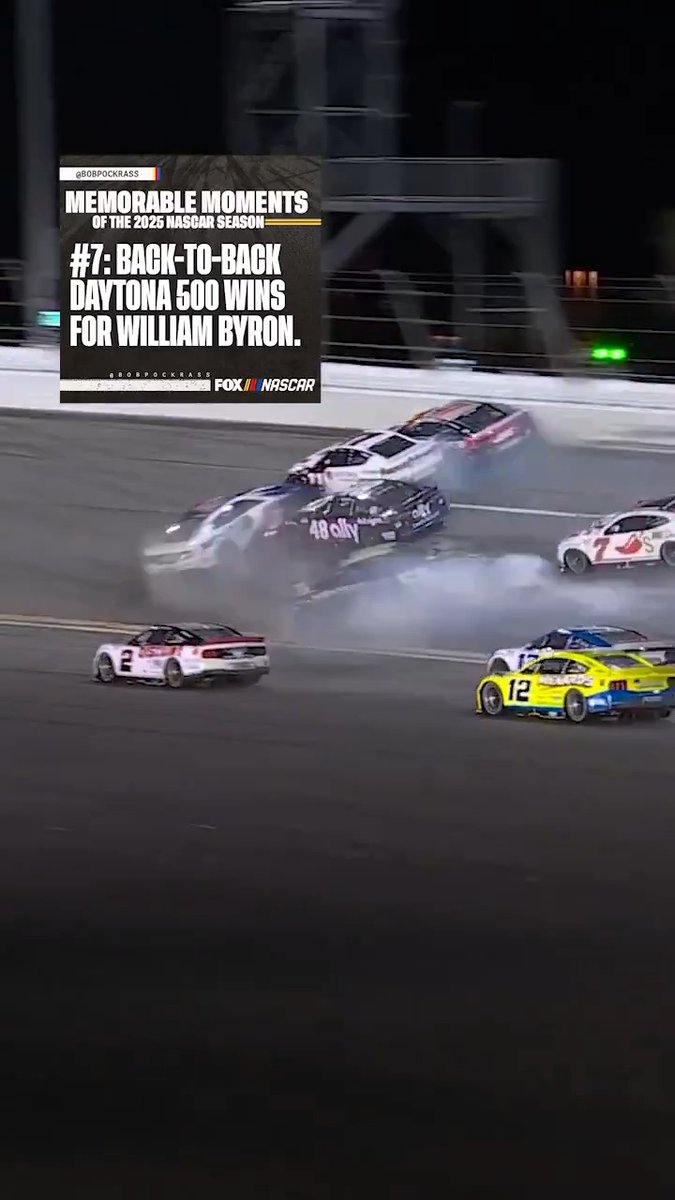 Memorable Moments of the 2025 NASCAR Season (according to Bob Pockrass). #7: “With a move past Denny Hamlin as the leaders crashed, William Byron, who started the final lap in ninth, won his second consecutive Daytona 500.”