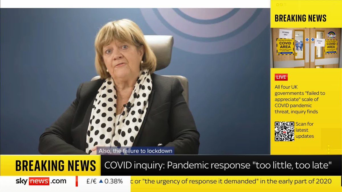 'The failure to lockdown earlier may have cost lives.' Baroness Hallett, chair of the COVID-19 Inquiry says, 'had the lockdown been imposed one week earlier, the evidence suggests that the number of deaths in England alone in the first wave would have been reduced'