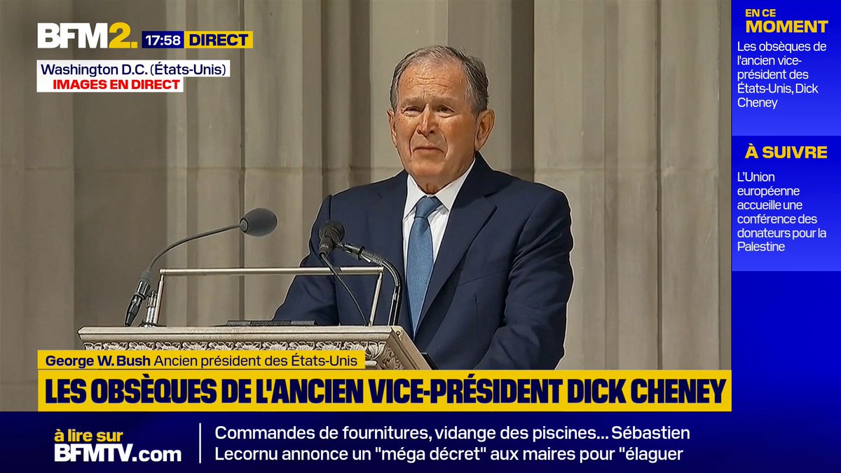 💬 "Calme, réservé, peu dramatique" L'ancien président américain George W. Bush a rendu hommage à son ancien vice-président, Dick Cheney, lors de ses obsèques à Washington #BFM2