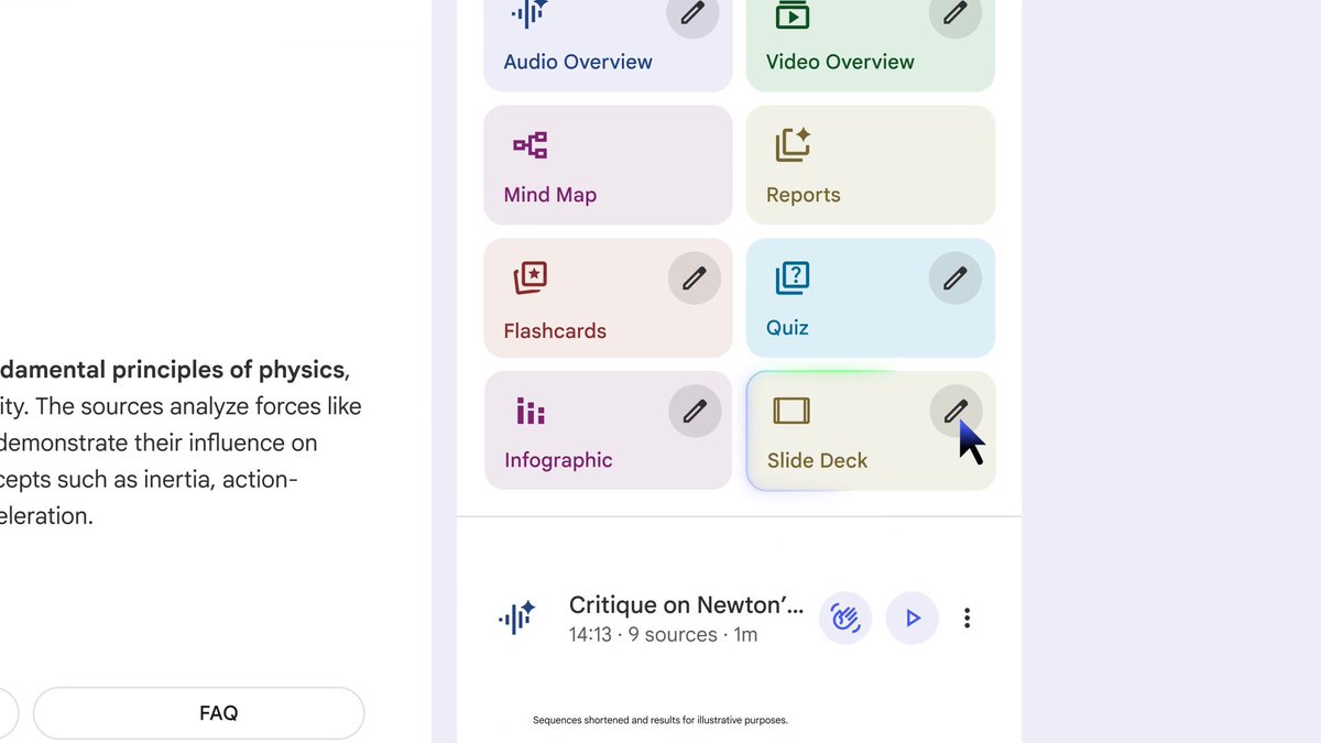 Next up… Slide Decks! Turn your sources into a detailed deck for reading OR a set of presentation-ready slides. They are fully customizable, so you can tailor them to any audience, level, and style. Officially rolling out to Pro users now (free users in the coming weeks)!