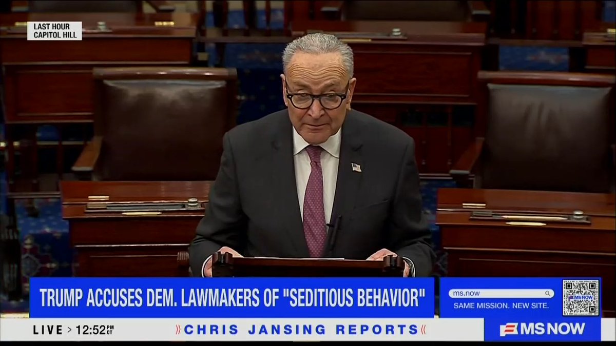 Leader Schumer: The president of the United States is calling for the execution of elected officials. This is an outright threat, and it's deadly serious. He is lighting a match in a country soaked with political gasoline. Every senator, every representative, every American, regardless of party, should condemn this immediately. If we don't draw a line here, there is no line left to draw.