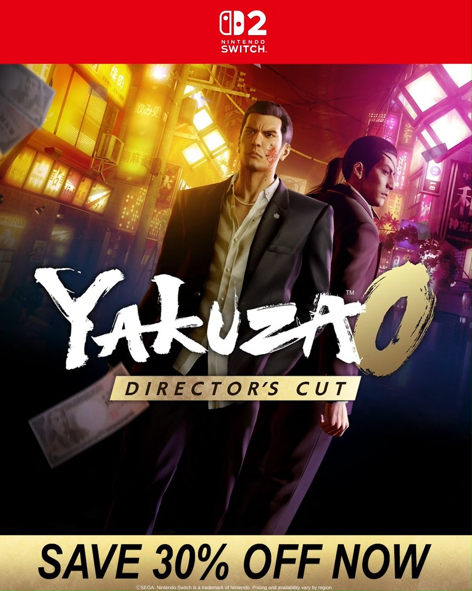 Yakuza 0 Director's Cut is now 30% OFF on Nintendo Switch 2 for the first time! 📍Americas - Cyber Deals until Dec 3 📍Europe - Black Friday Sale until Nov 30