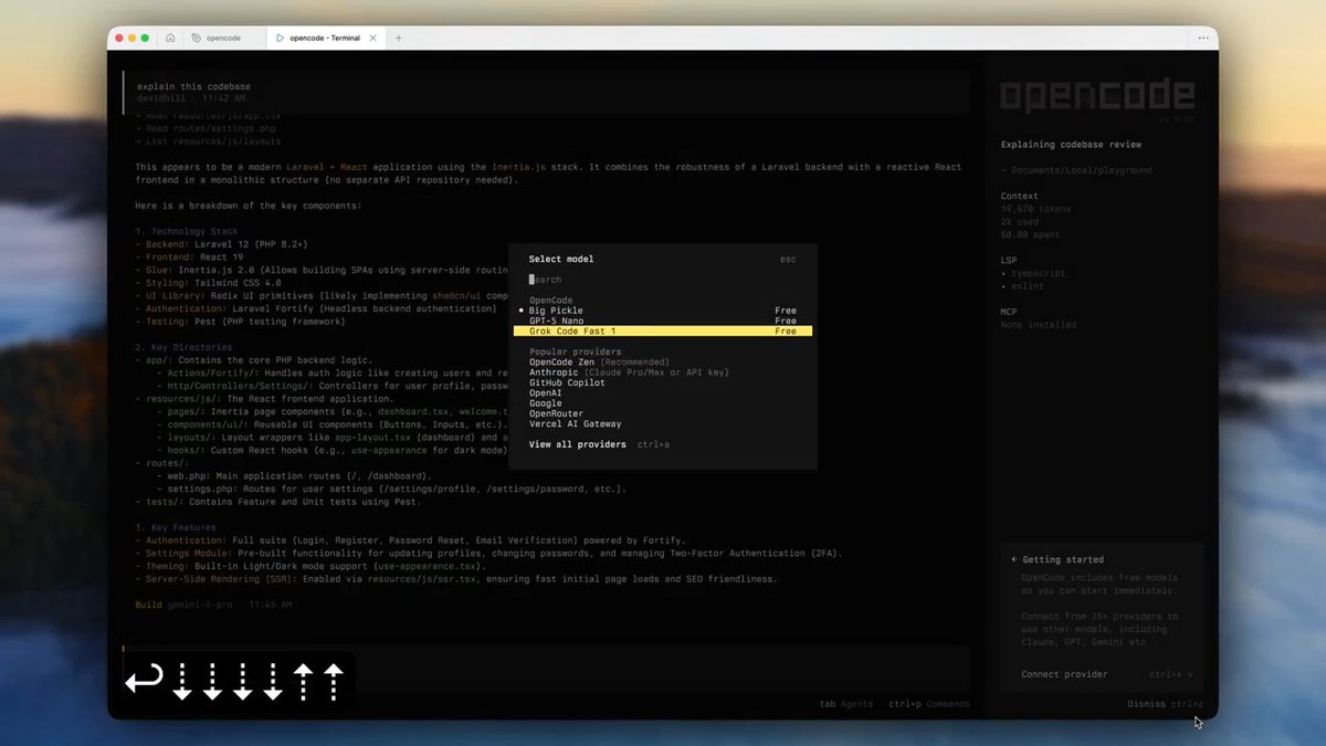 prototyping a new onboarding flow concept ⦿ all text-based interface ⦿ fully keyboard navigable ⦿ traverse multi-step flows with ctrl+b ⦿ getting started to connect provider ⦿ highlighting free models implementation is in progress