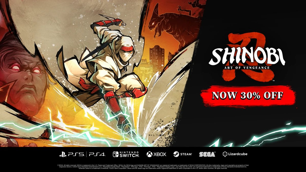 Sharpen your blade. Silence your foes. SHINOBI: Art of Vengeance — Nominee for Best Action Game at The Game Awards — is 30% OFF on Steam, Nintendo Switch and Xbox Series X|S Master the way of the SHINOBI. Become the ultimate ninja. 🥷