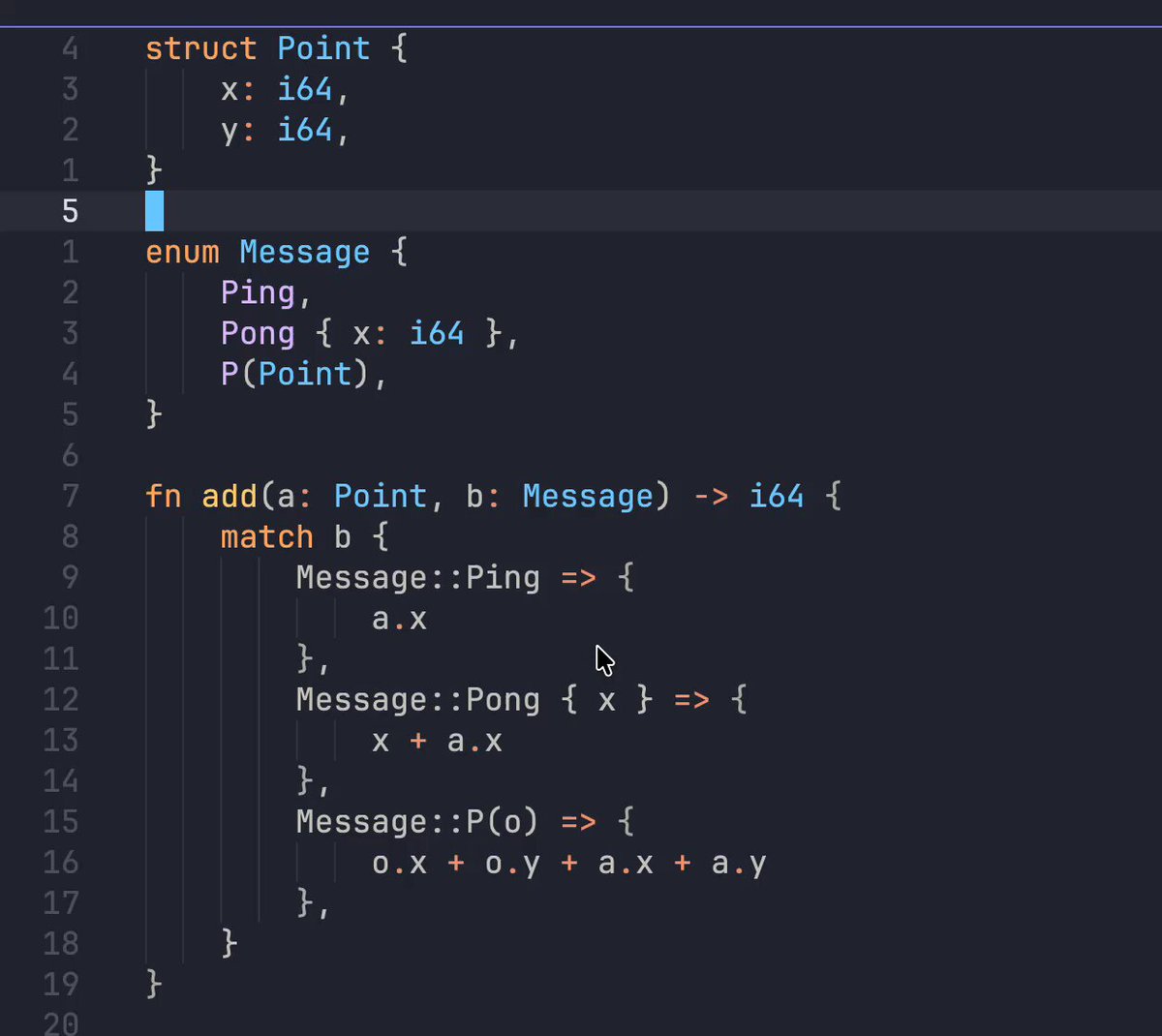 Starstream now has support for sum (enums) types and product (structs) types with pattern matching. The LSP is also very thorough with hover and go to definition. WAY beyond what the Aiken language server can do.