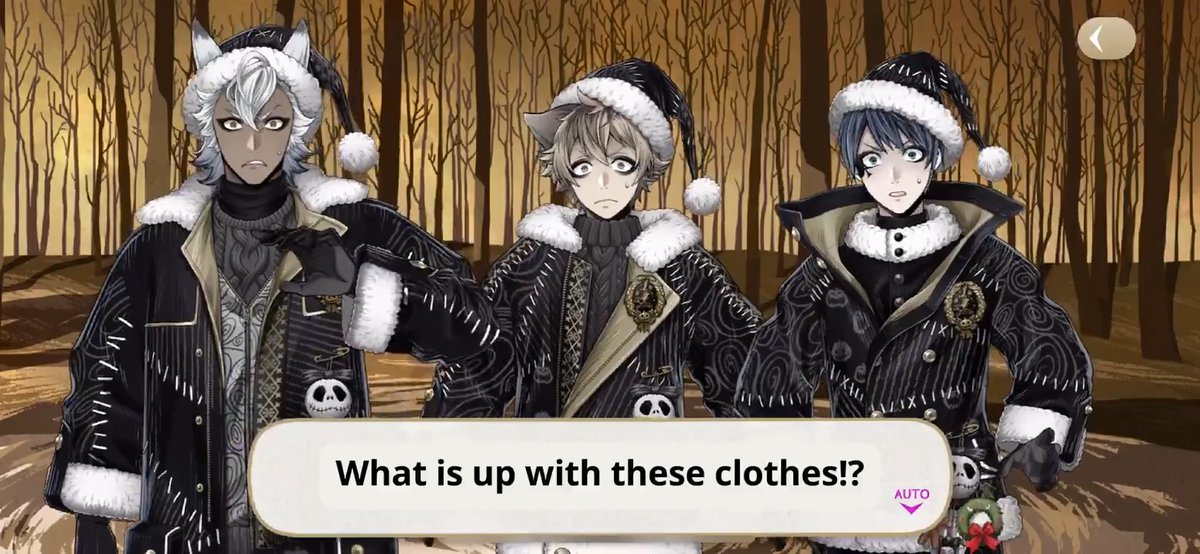 All the in-game outfits being shown during a cutscene for the Twisted Wonderland "Nightmare Before Christmas" First Christmas event lol I added quick subs where they go "WHAT IS UP WITH THESE CLOTHES??" lol #TwistedWonderland