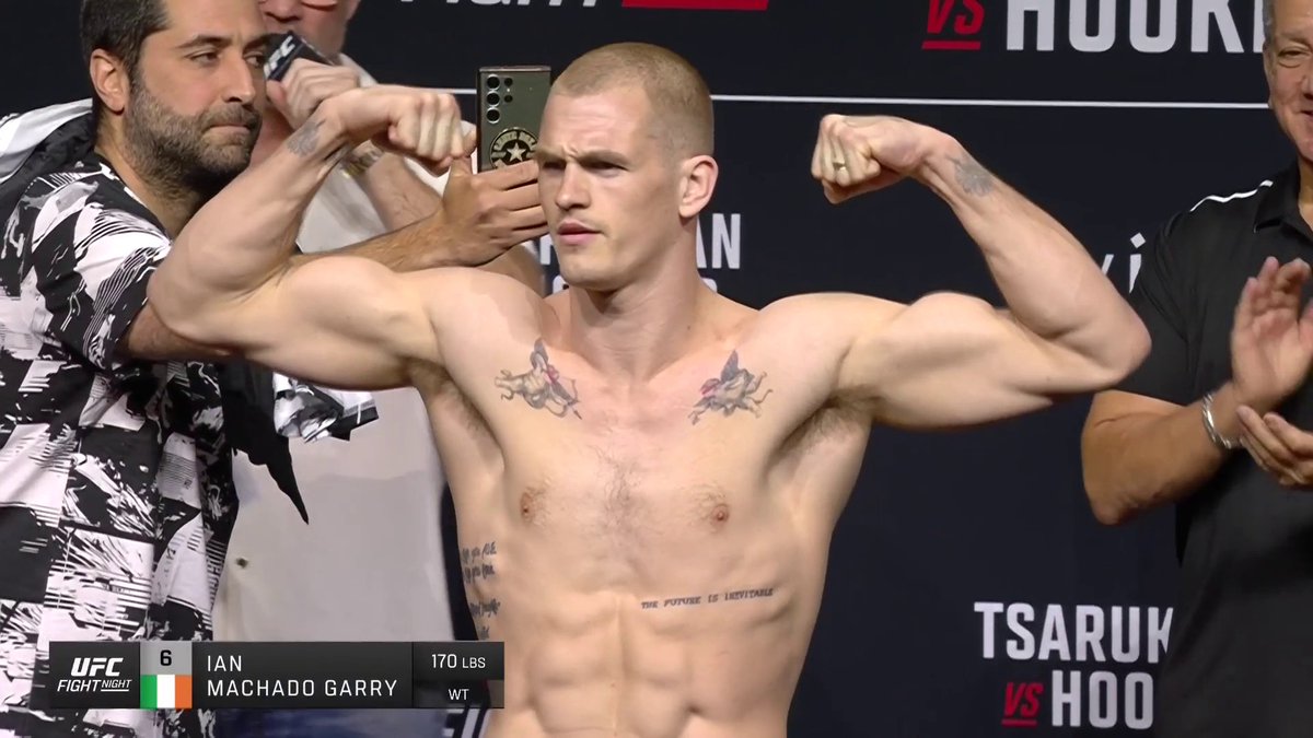 Ian Machado Garry dapped up Ilia Topuria at his ceremonial weigh-in 🤝 #UFCQatar | Saturday, 4PM | LIVE on TNT Sports & discovery+