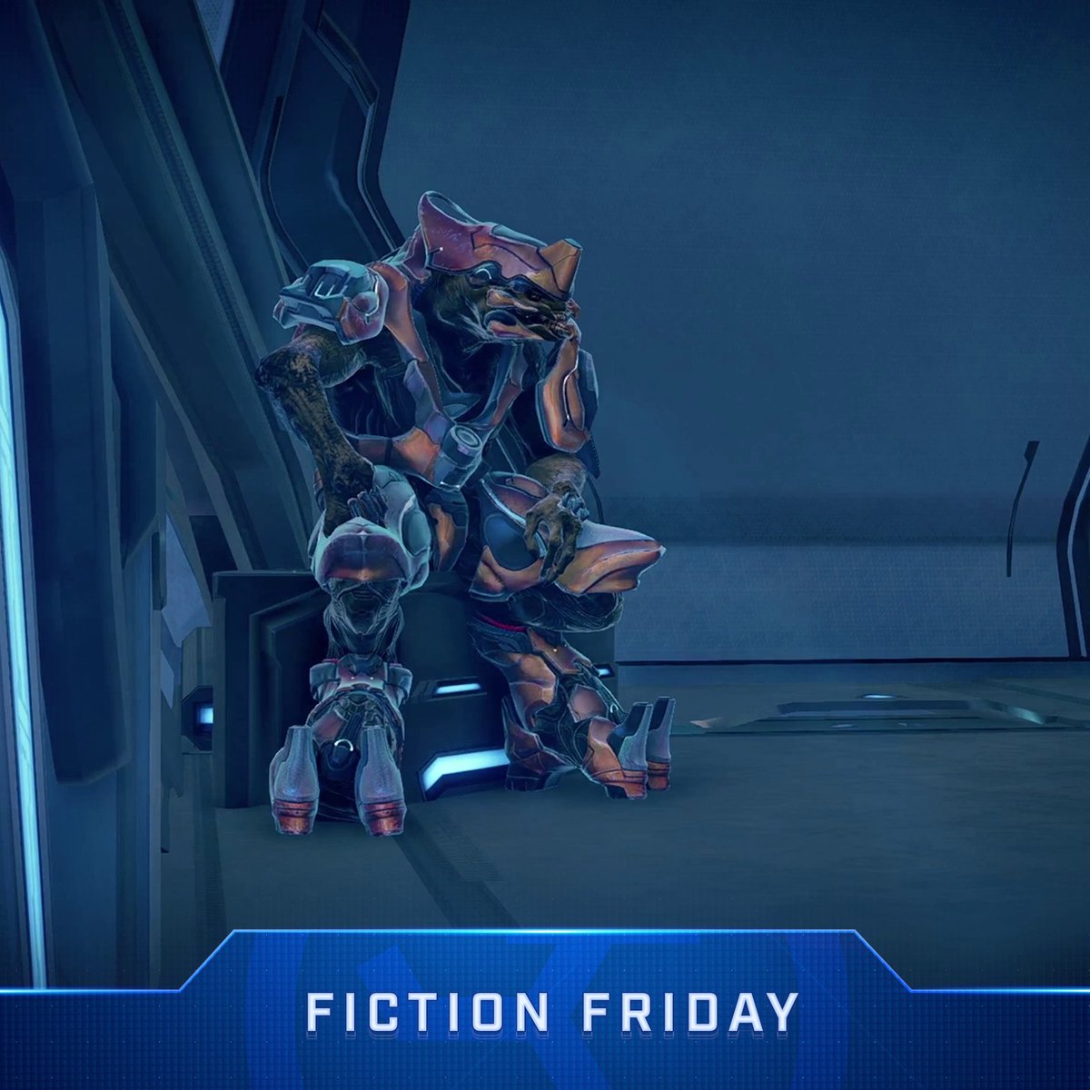 Covenant warrior Dham 'Mashatt slew his squad leader—an Unggoy named Bibjam—who attempted to defect to the Swords of Sanghelios. Contained within a cell on Genesis, 'Mashatt befriended 031 Exuberant Witness and chose to serve as a guardian of the shield world. #FictionFriday