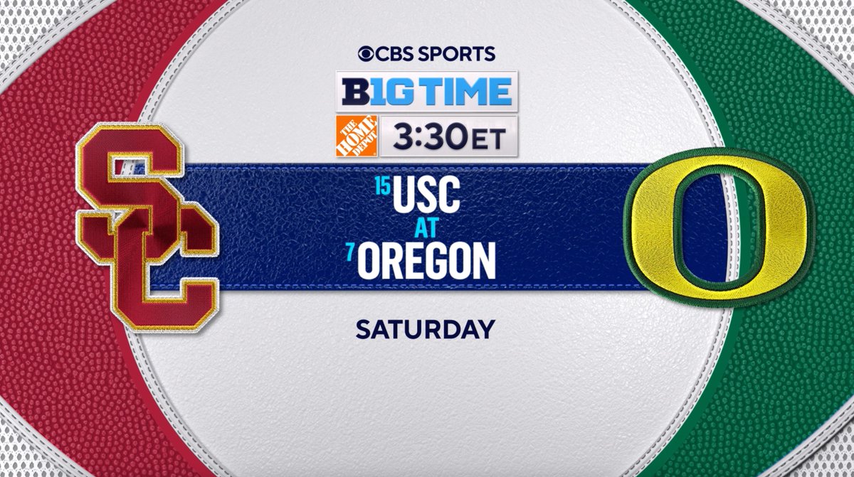 Tomorrow at 3:30PM ET, it's B1G Time! No. 15 USC Football ✌️ travels to Eugene to take on No. 7 Oregon Football. CBS | Paramount+
