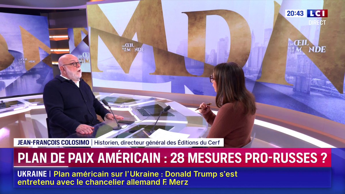 🔴 Plan de paix américain pour l'Ukraine 🗣️ "L'Ukraine a renoncé à ses minerais rares dans l'espoir d’obtenir une protection de la part des États-Unis. Et aujourd'hui, ces derniers vendent l'Ukraine à la Russie", déplore l'historien Jean-François Colosimo