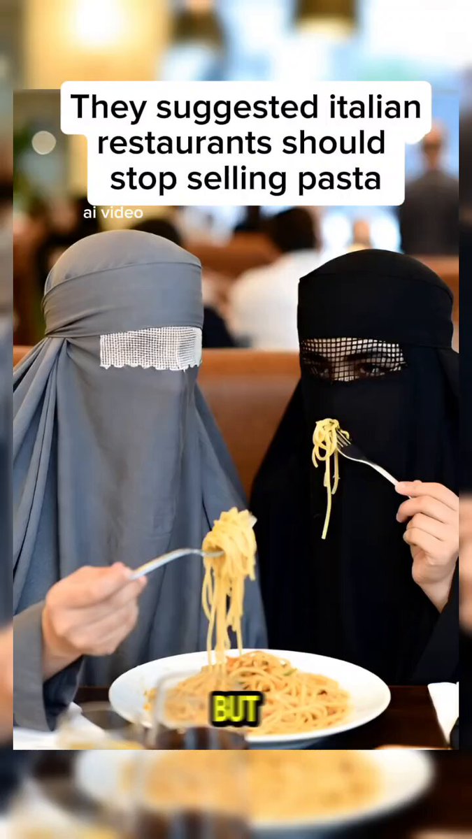 They cannot eat pasta due to their face covering so want restaurants to stop selling it. *ai video meant to illustrate the hardship of women.